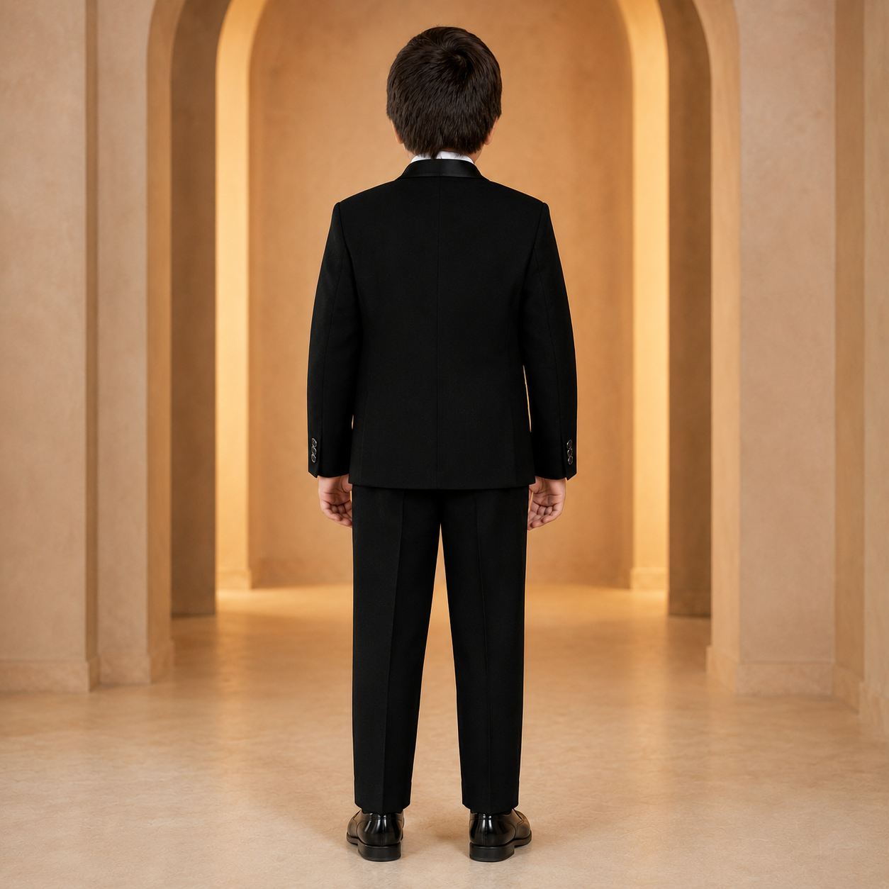 Boys onyx black five-piece formal suit – back view