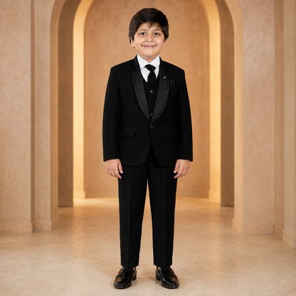 Boys onyx black five-piece formal suit – front view
