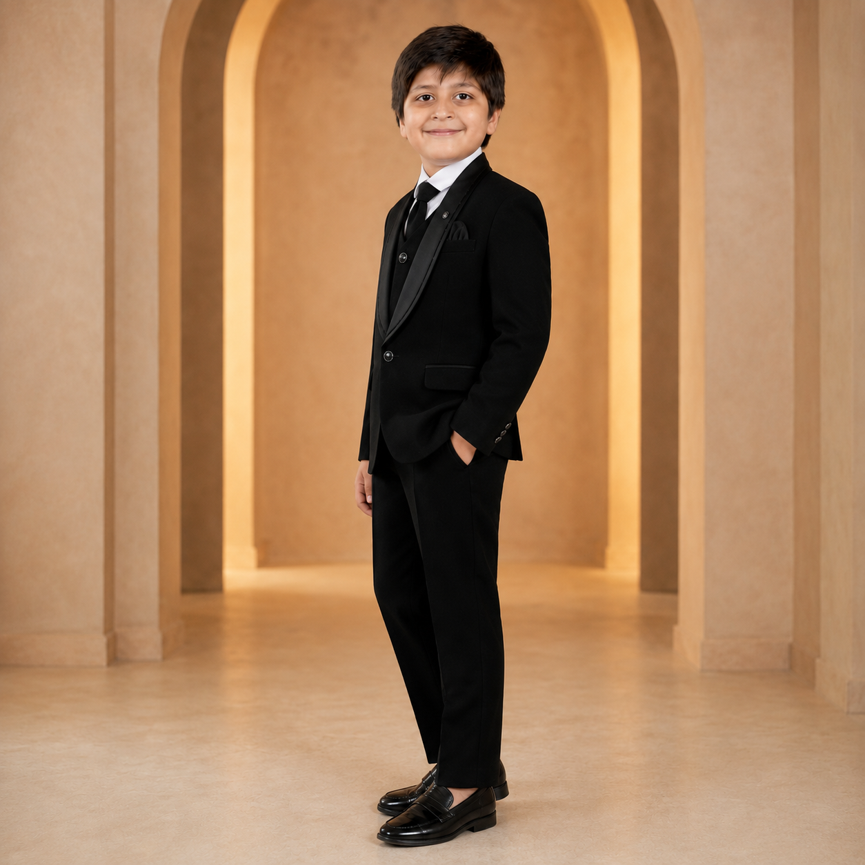 Boys onyx black five-piece formal suit – side view