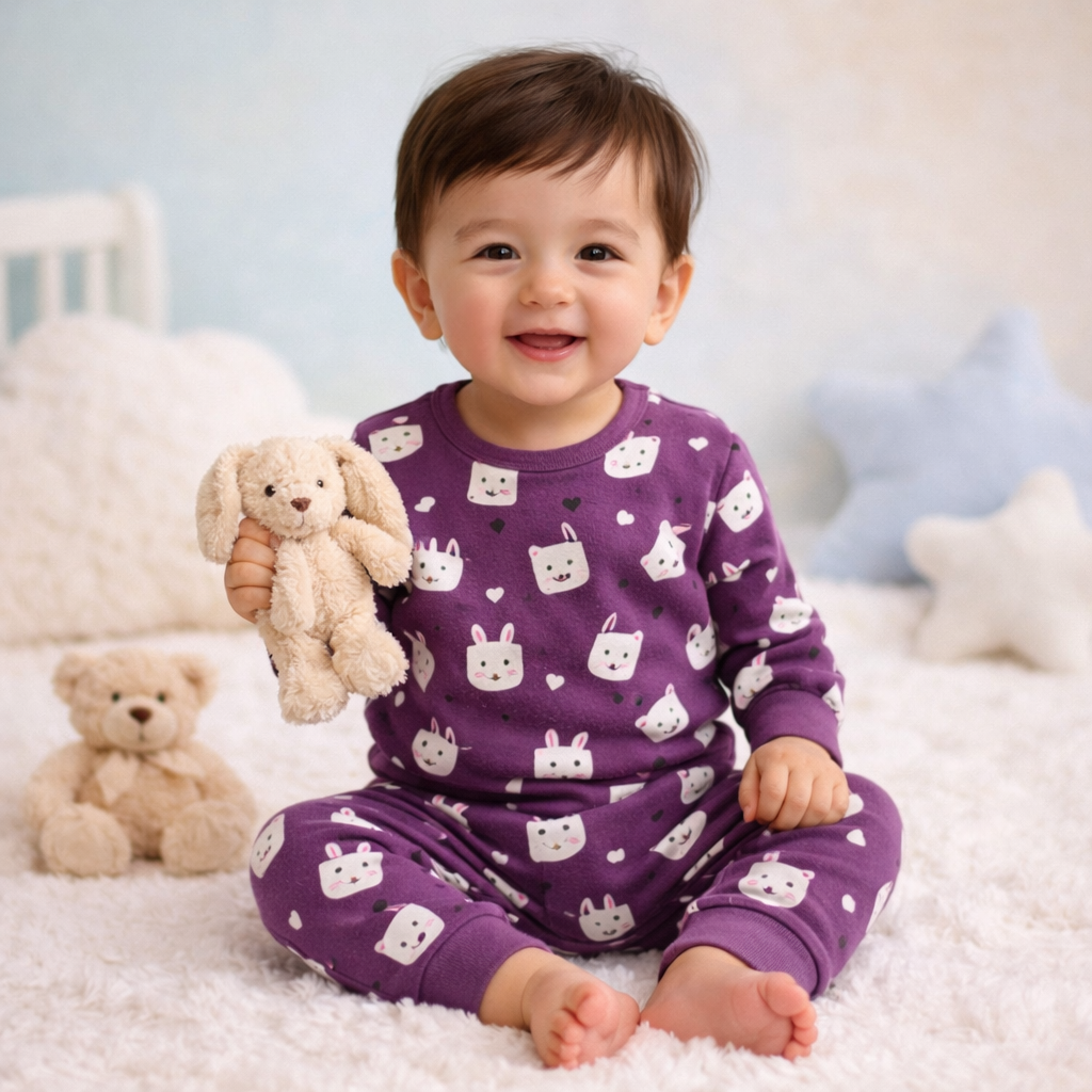 Regal Purple bunny print baby lounge set front view