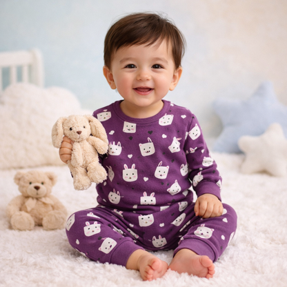 Regal Purple bunny print baby lounge set front view