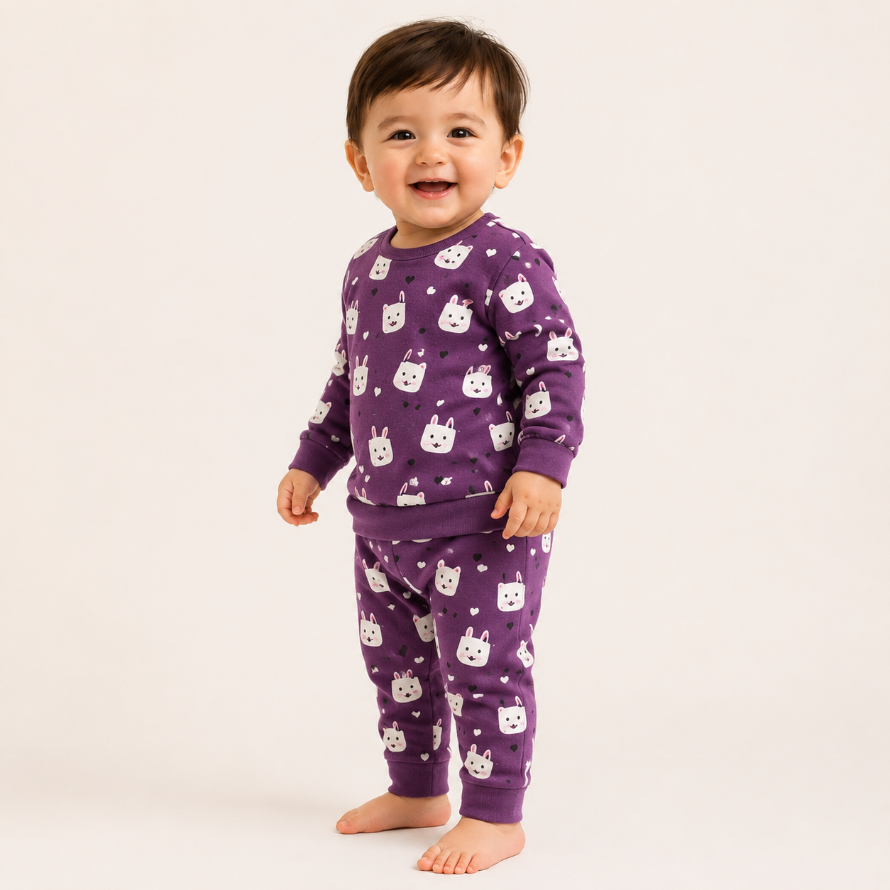 Regal Purple bunny print baby lounge set side view