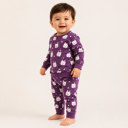 Regal Purple bunny print baby lounge set side view