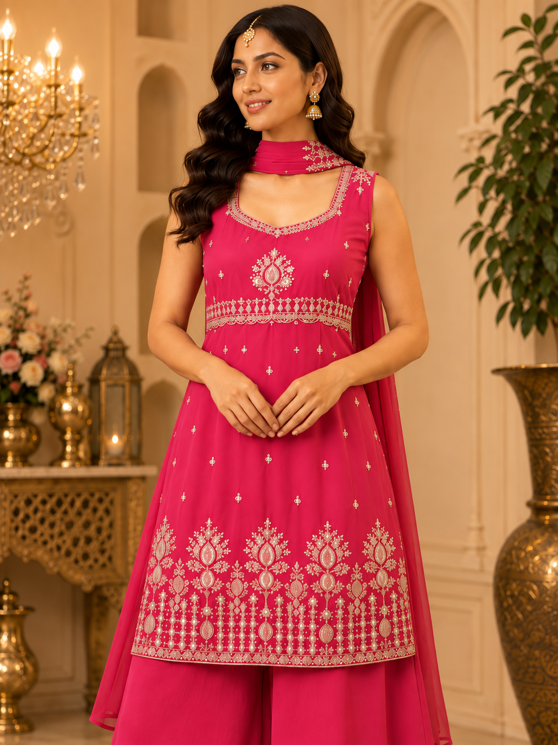 Rose pink embroidered kurta and palazzo set, embroidery detail