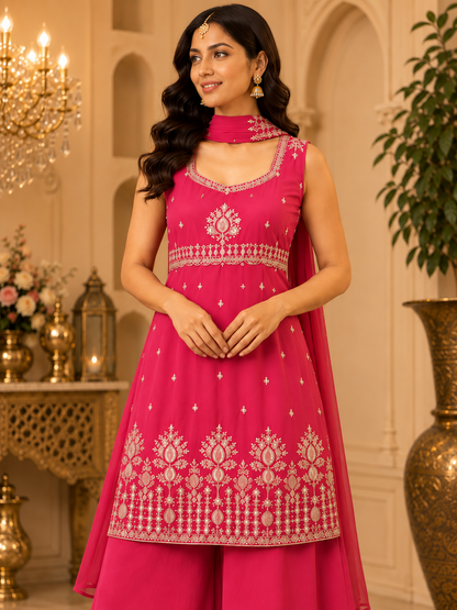 Rose pink embroidered kurta and palazzo set, embroidery detail