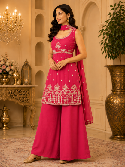 Rose pink embroidered kurta and palazzo set, three-quarter view