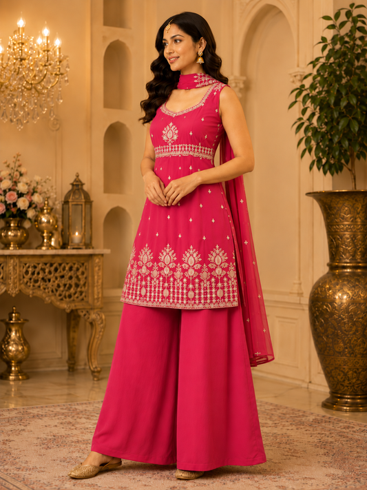 Rose pink embroidered kurta and palazzo set, three-quarter view