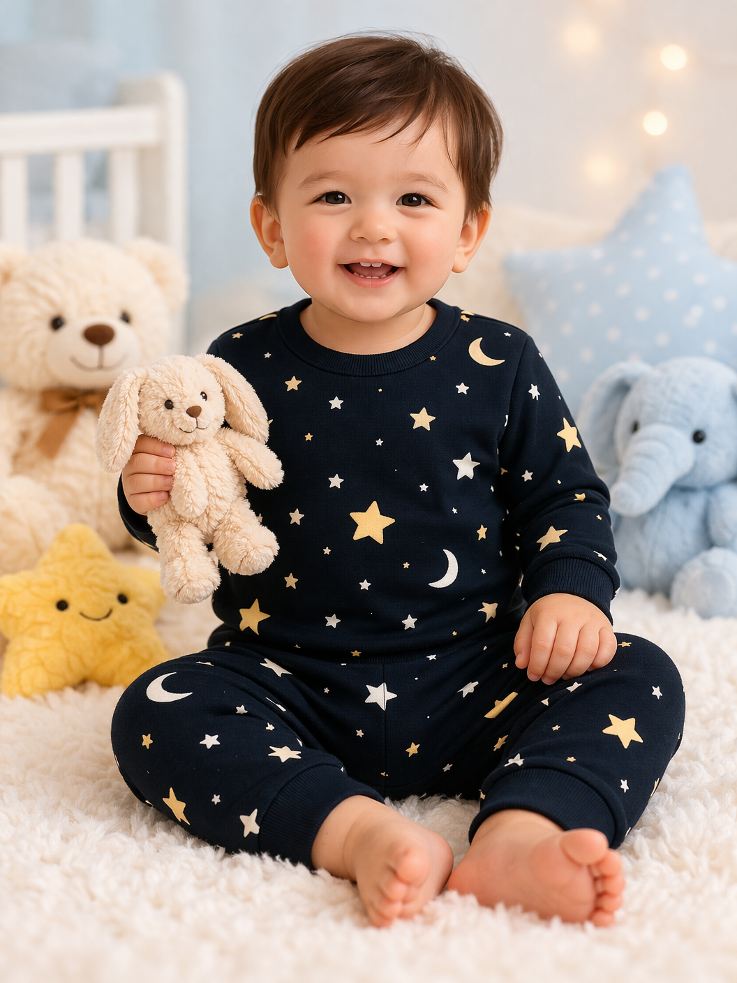 Royal Black star and moon print baby lounge set front view