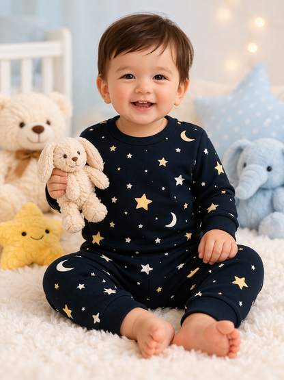 Royal Black star and moon print baby lounge set front view