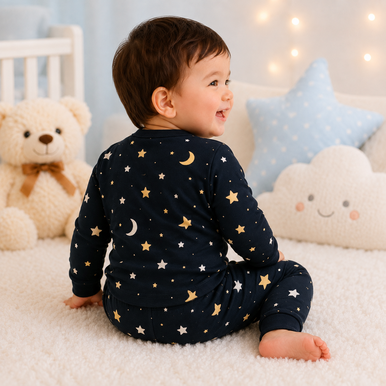 Royal Black star and moon print baby lounge set rear view