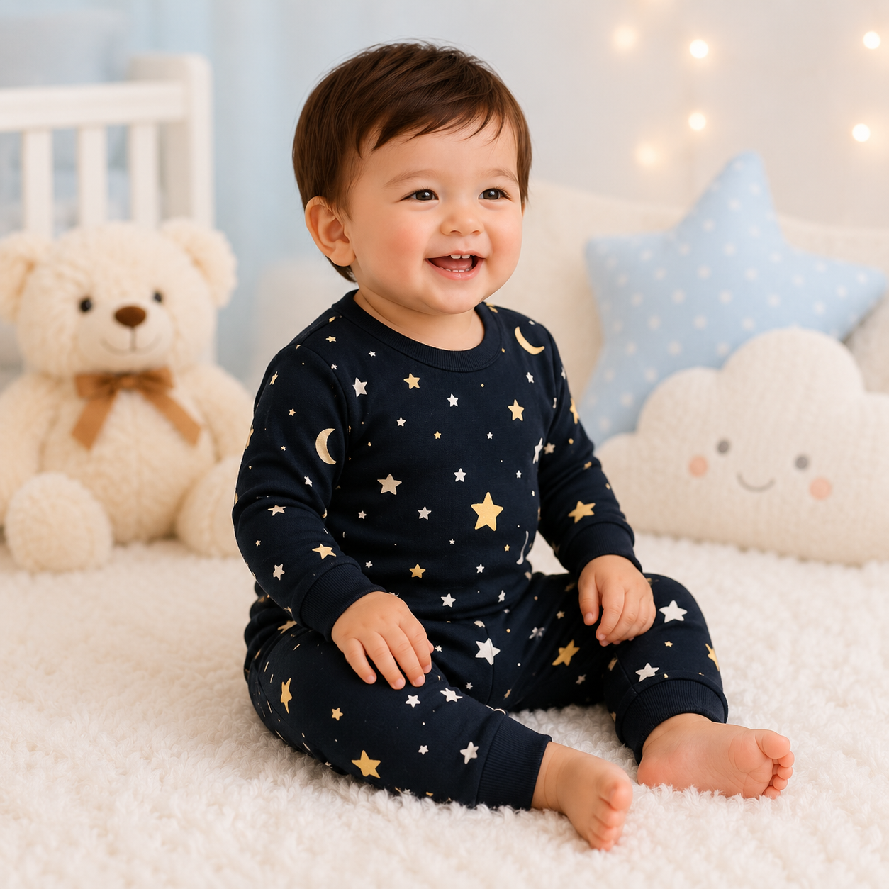 Royal Black star and moon print baby lounge set side view