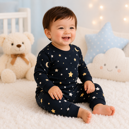 Royal Black star and moon print baby lounge set side view