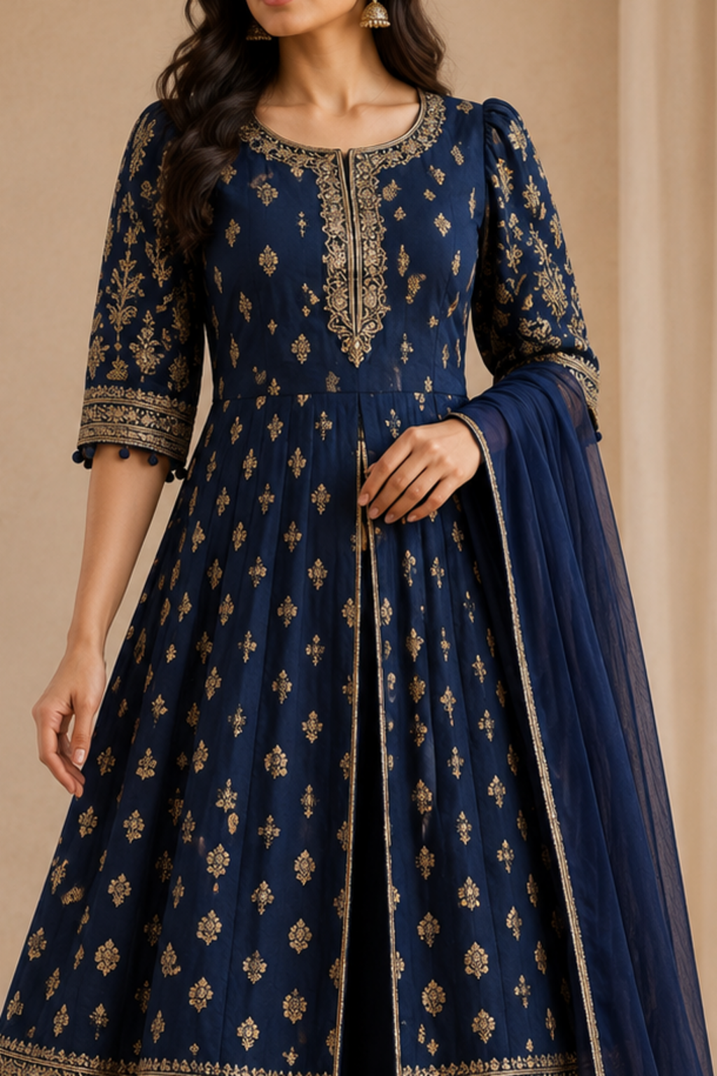 Royal blue Anarkali with gold neckline, sleeve and dupatta border detail