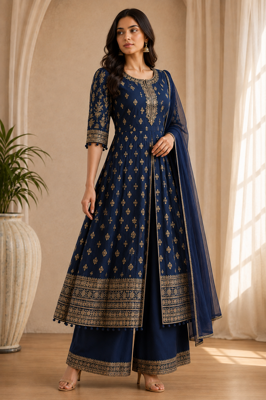 Royal blue embroidered Anarkali suit set for women – three-quarter view