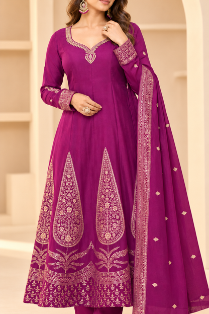 Royal plum Banarasi Anarkali neckline, gold embroidery and dupatta border detail