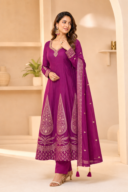 Royal plum Banarasi Anarkali suit set for women – three-quarter view
