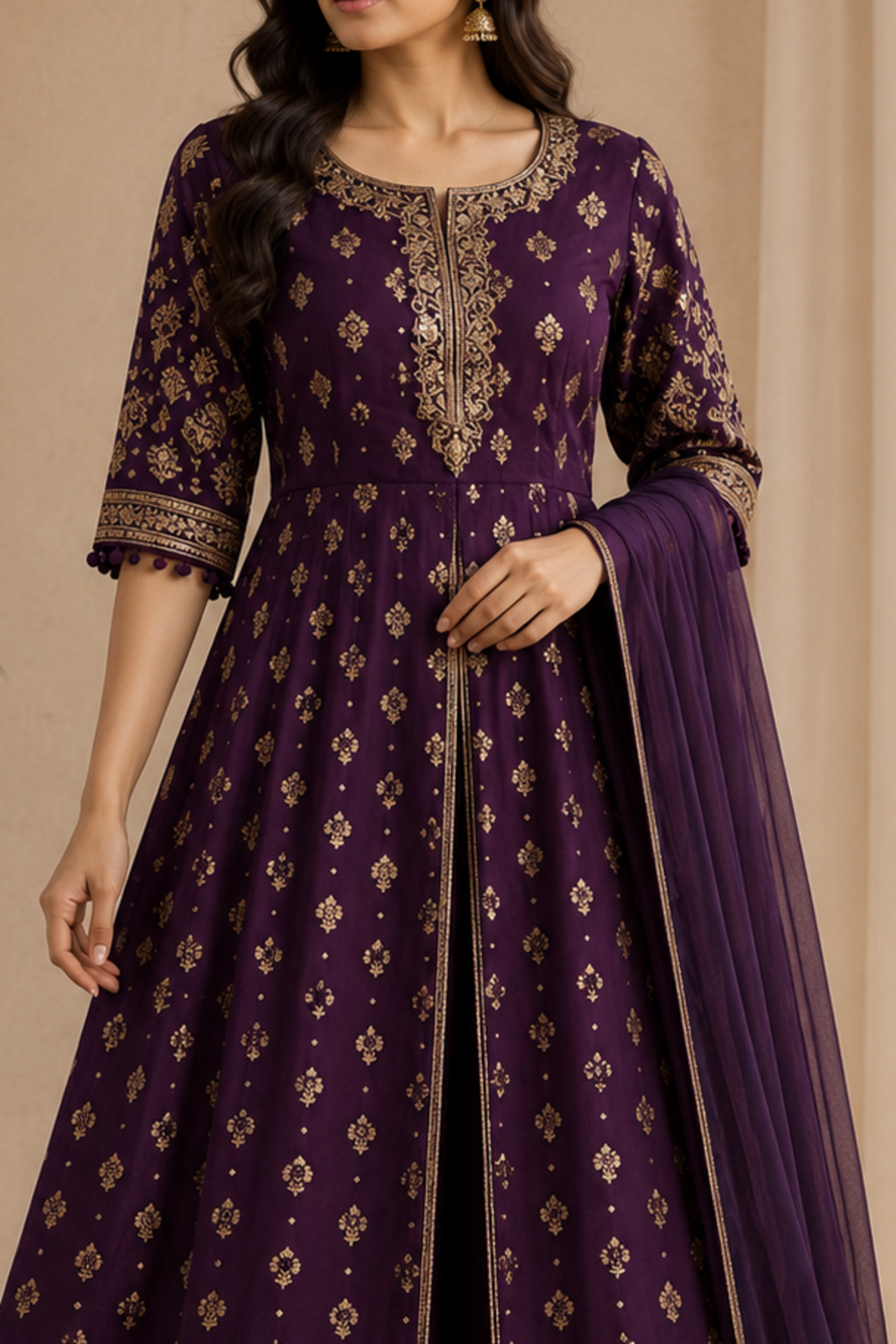 Royal purple Anarkali with gold neckline, sleeve and dupatta border detail