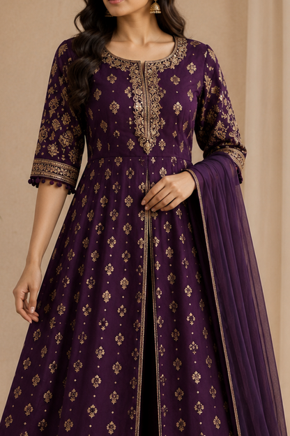 Royal purple Anarkali with gold neckline, sleeve and dupatta border detail