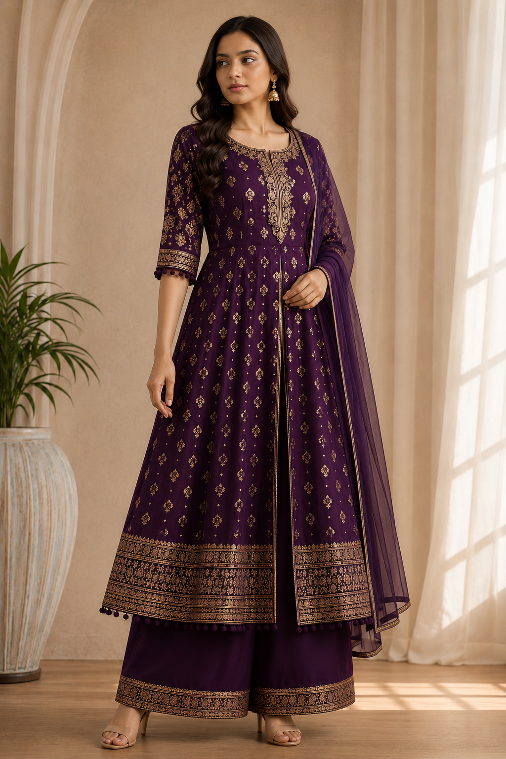 Royal purple embroidered Anarkali suit set for women – three-quarter view