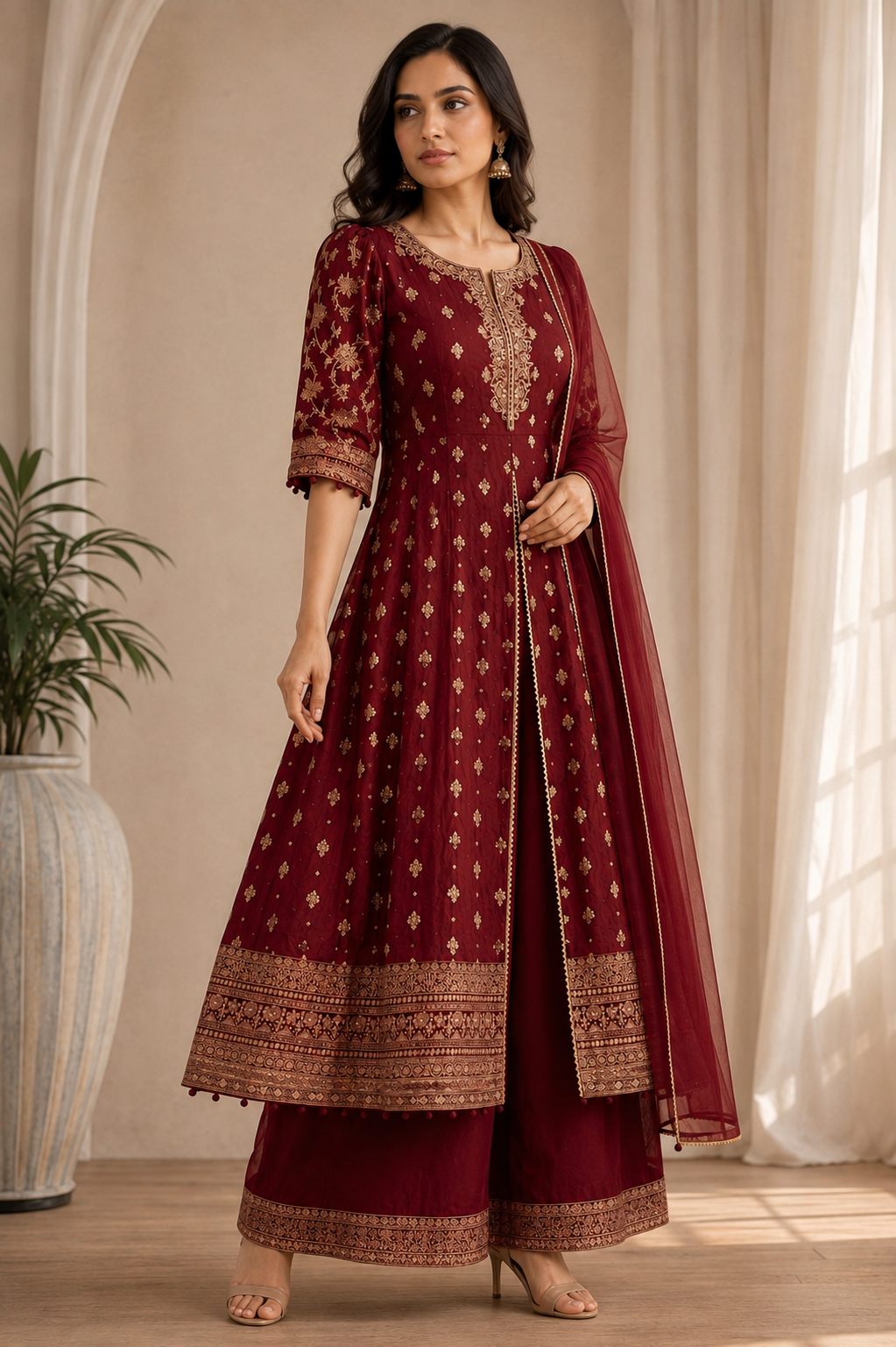 Royal red embroidered Anarkali suit set for women – three-quarter view