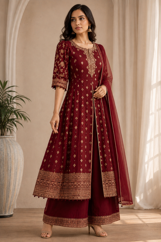 Royal red embroidered Anarkali suit set for women – three-quarter view