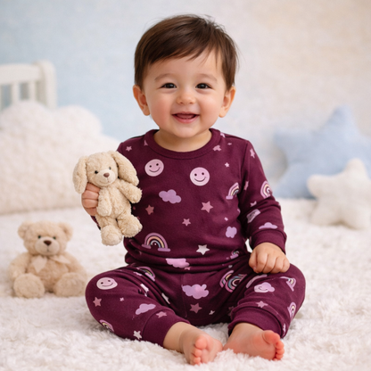 Rust Maroon rainbow and smiley print baby lounge set front view