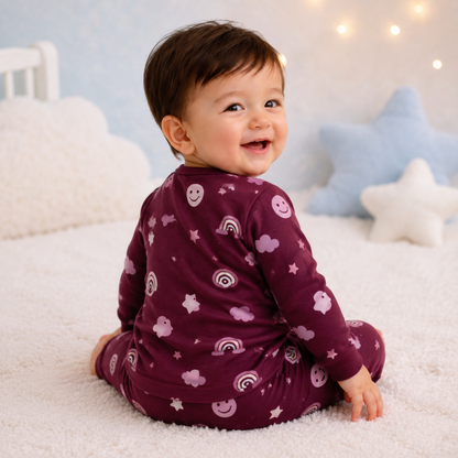 Rust Maroon rainbow and smiley print baby lounge set rear view