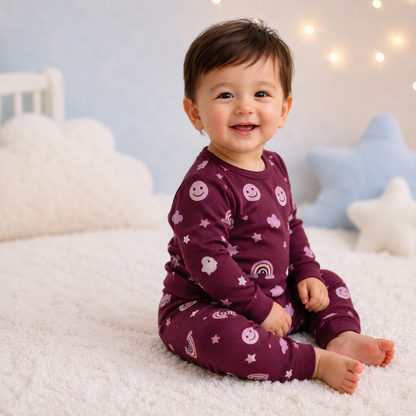 Rust Maroon rainbow and smiley print baby lounge set side view