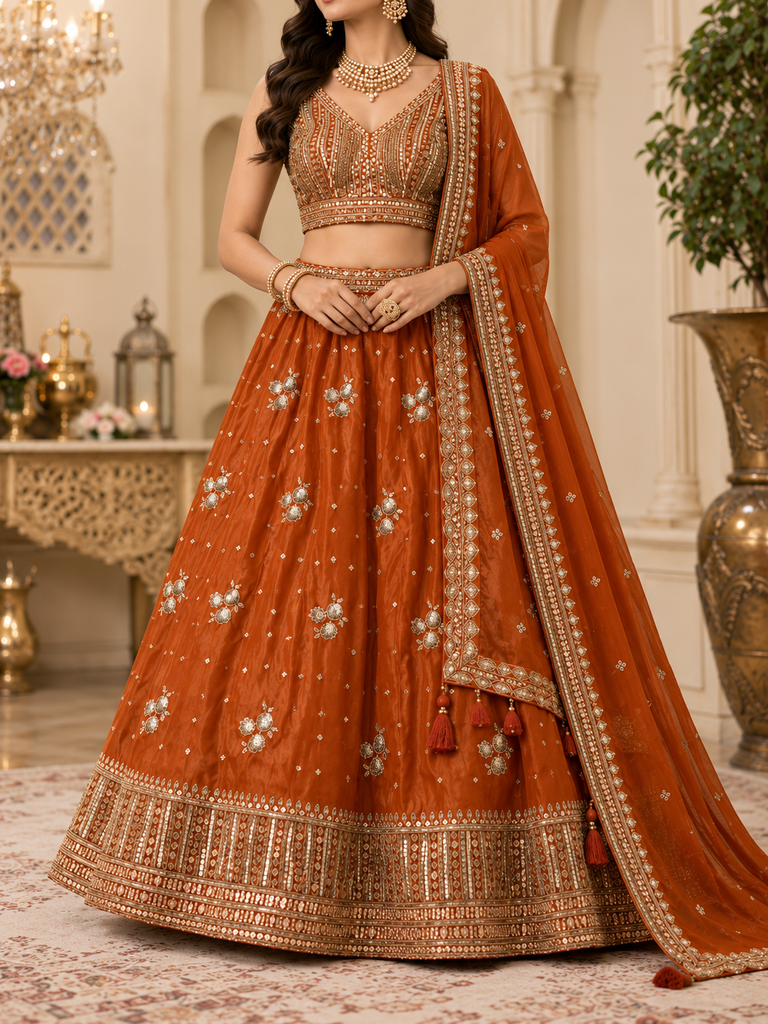 Rust orange vintage zari lehenga choli – embroidery and border detail