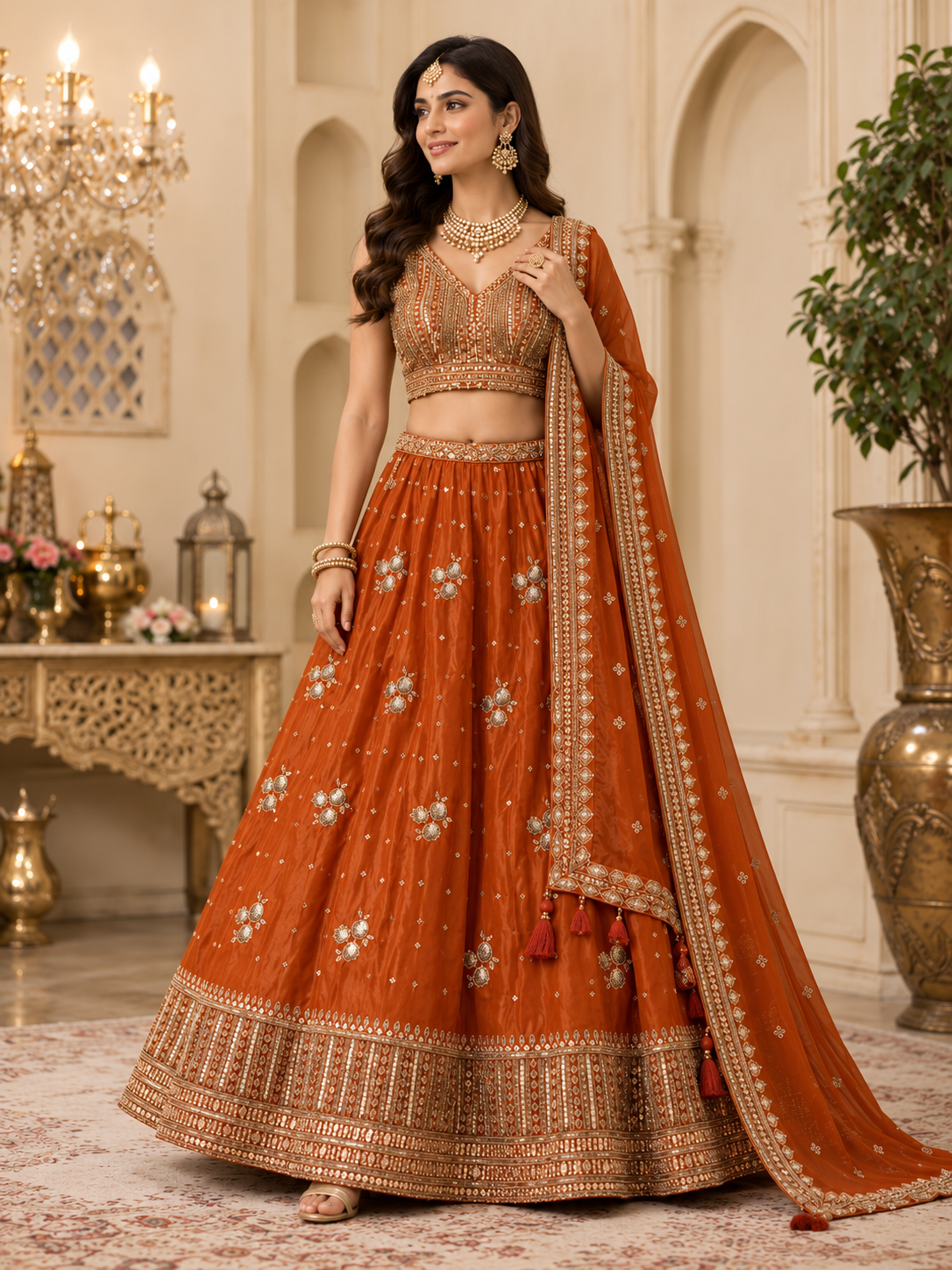 Rust orange vintage zari lehenga choli – three-quarter view