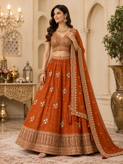 Rust orange vintage zari lehenga choli – three-quarter view