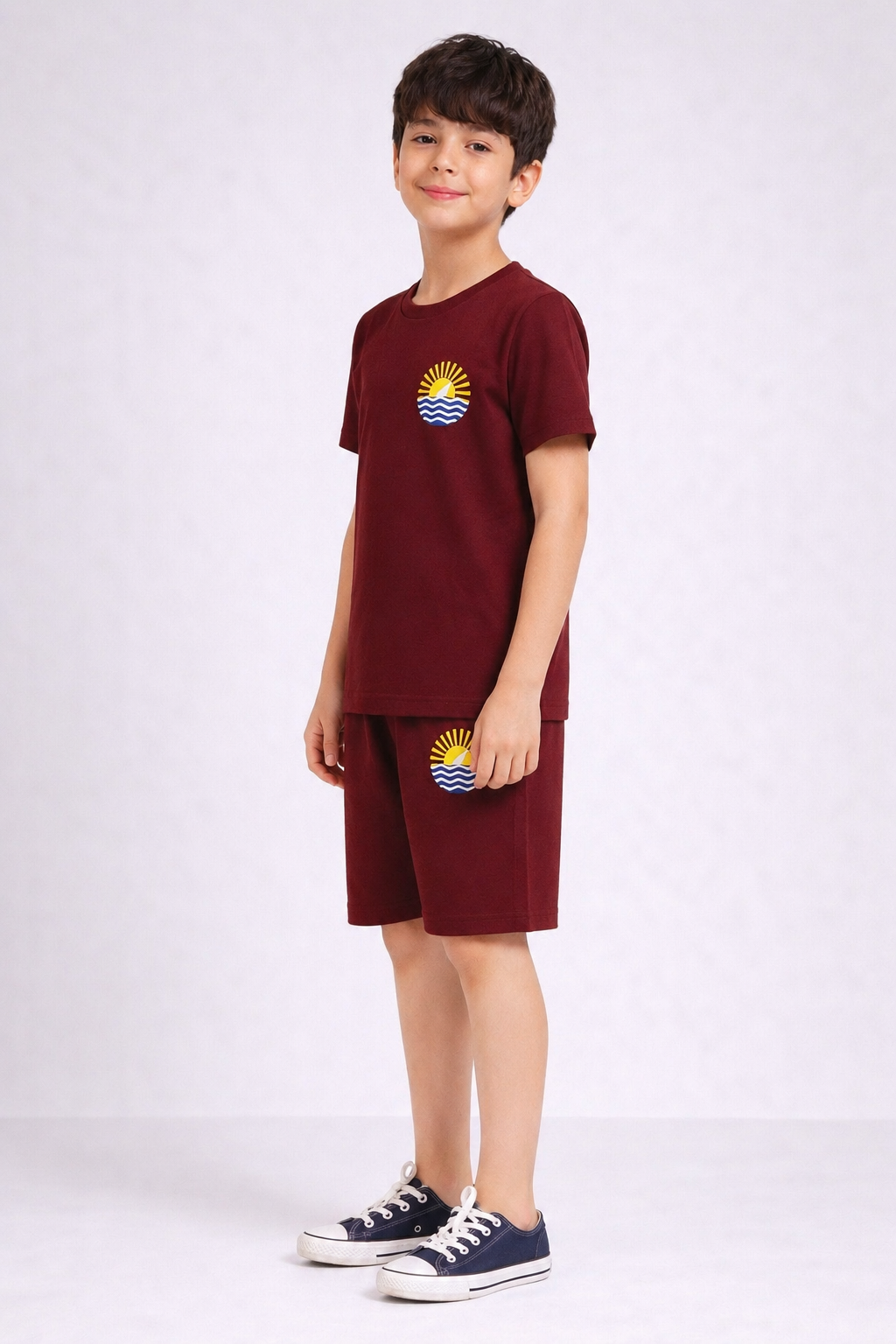 Boys rust maroon sunrise motif short night suit alternate view