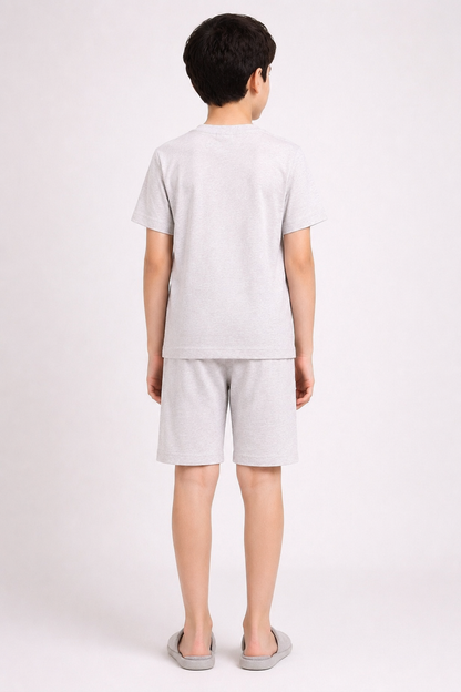 Boys silver grey cat motif short night suit back view