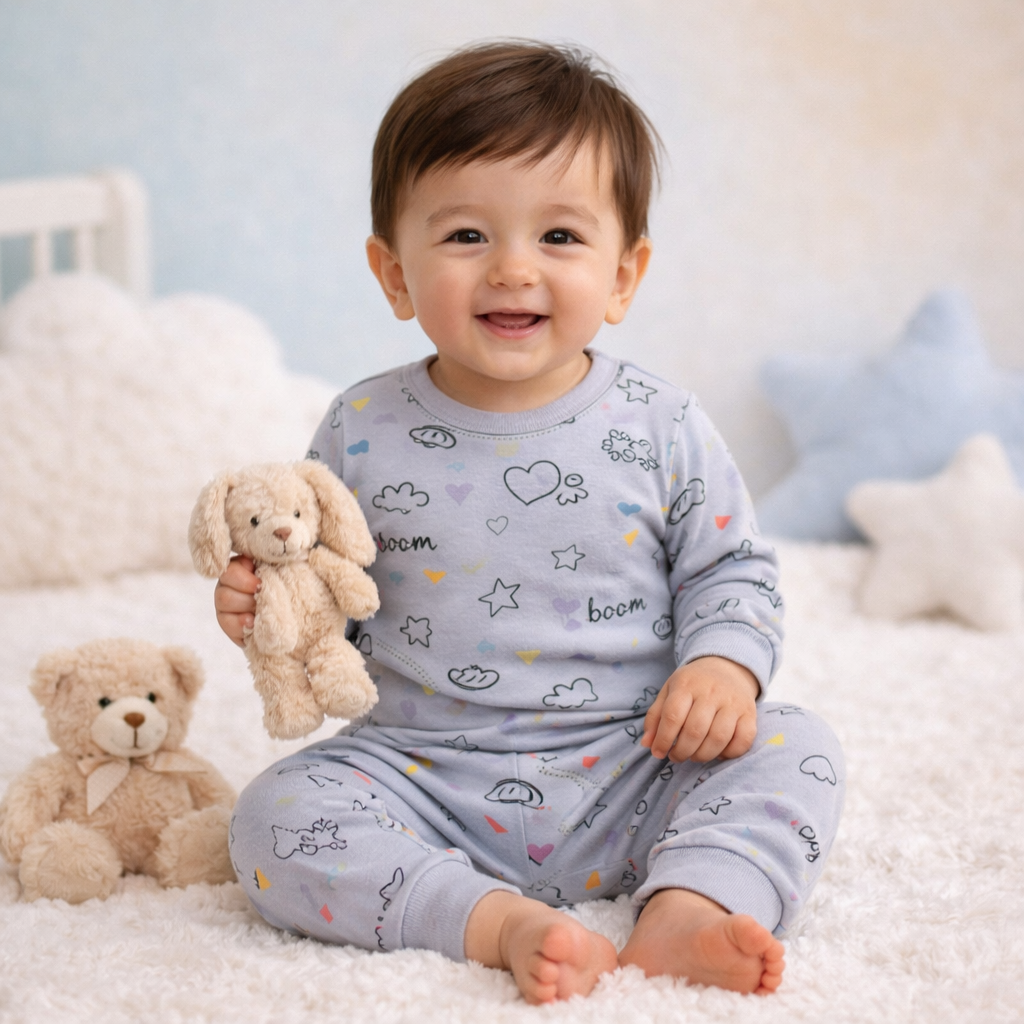 Silver Grey doodle print baby lounge set front view