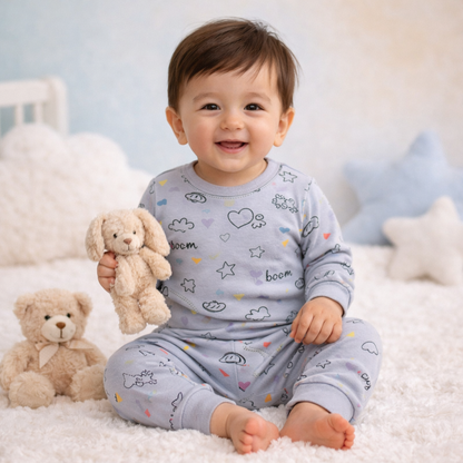 Silver Grey doodle print baby lounge set front view