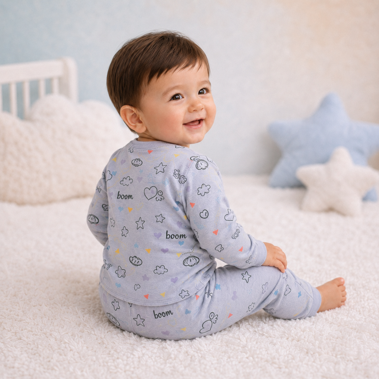 Silver Grey doodle print baby lounge set rear view