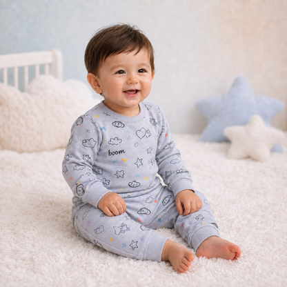Silver Grey doodle print baby lounge set side view
