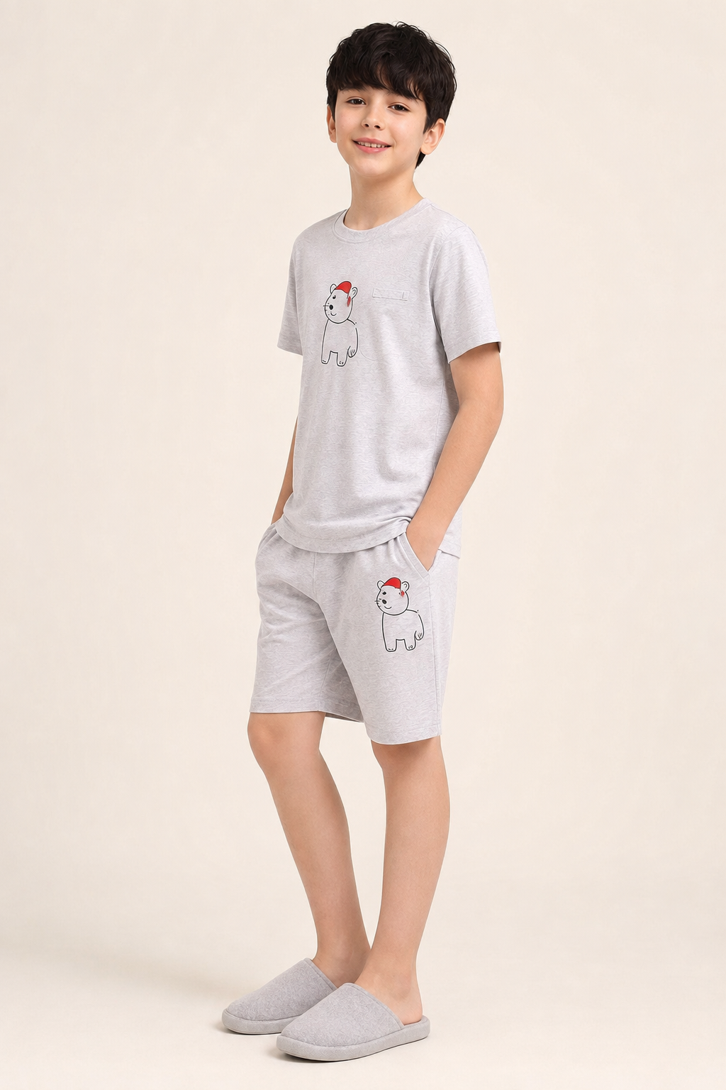 Boys silver grey cat motif short night suit alternate view