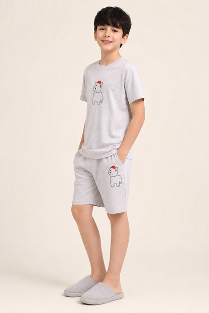 Boys silver grey cat motif short night suit alternate view