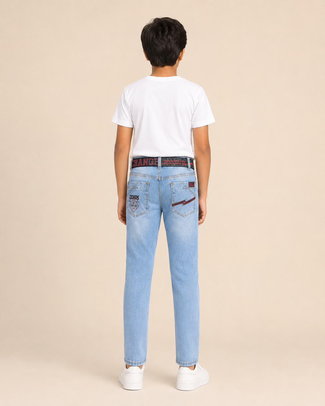 Boys sky blue printed denim jeans with belt – back view