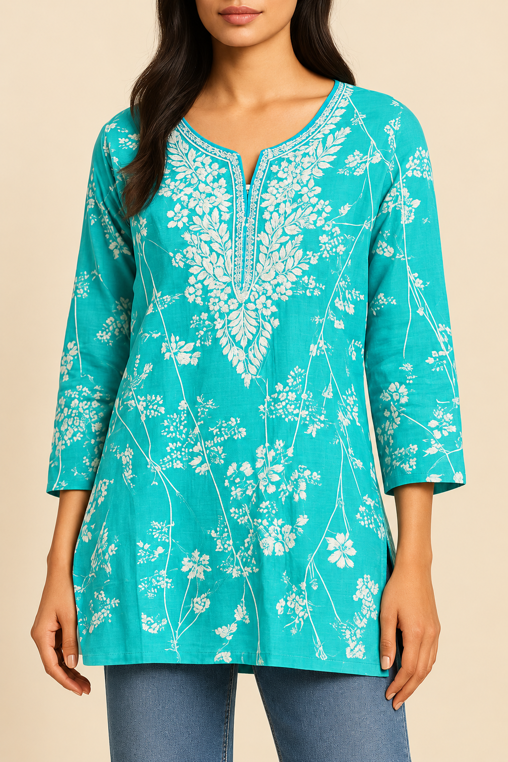 Aqua sky-blue cotton kurti white floral neckline embroidery – detail view