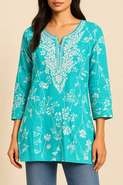 Aqua sky-blue cotton kurti white floral neckline embroidery – detail view