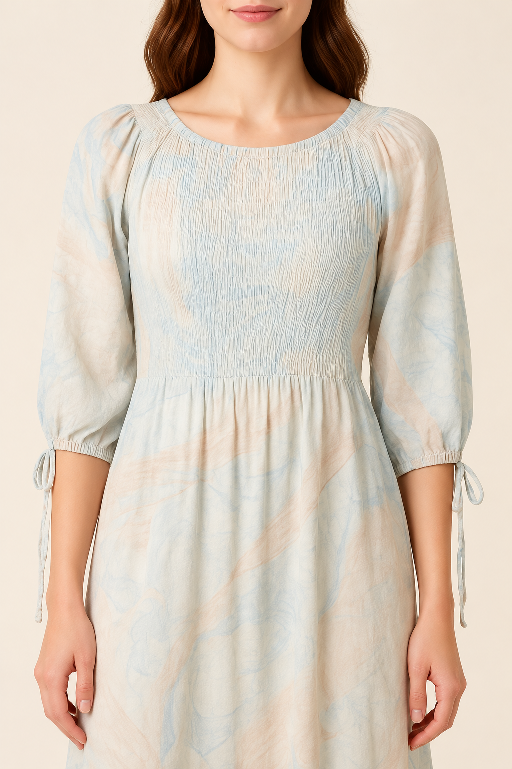 Sky Marble midi dress smocked bodice, gathered neckline and tie-cuff sleeve detail