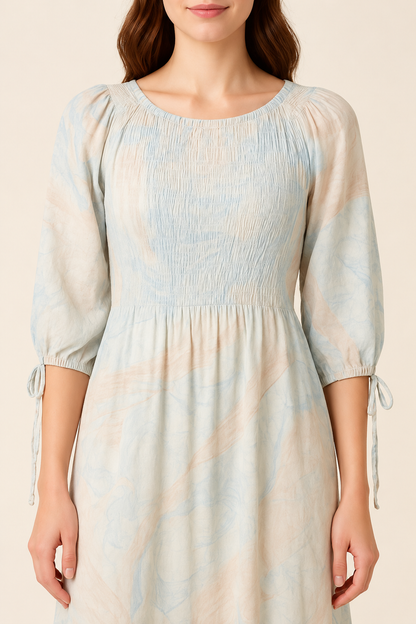 Sky Marble midi dress smocked bodice, gathered neckline and tie-cuff sleeve detail