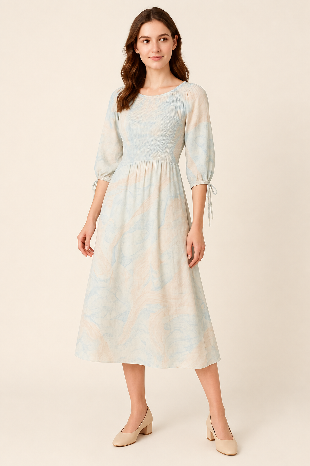 Sky Marble pale blue and blush printed midi dress – three-quarter view