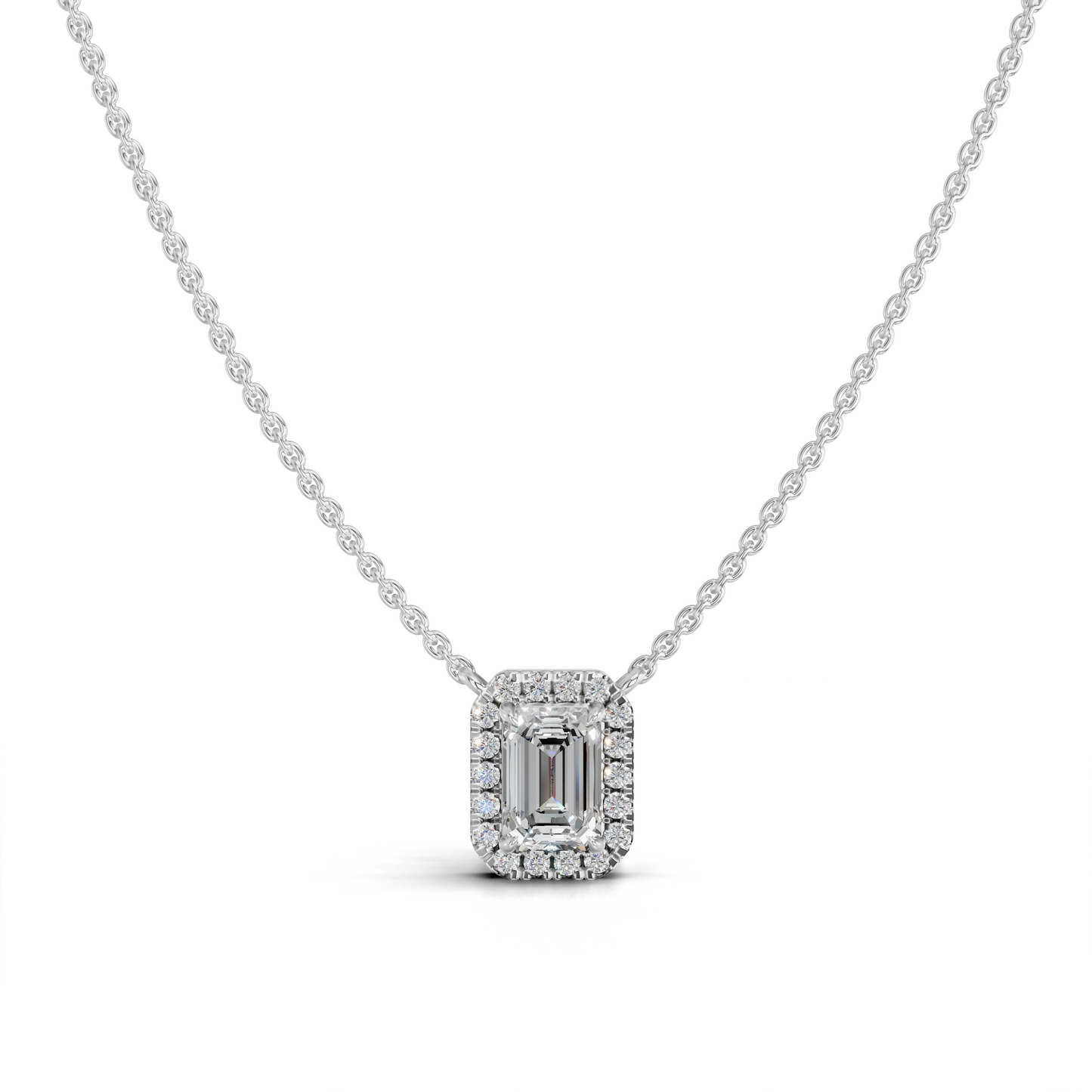 Emerald Cut Diamond Halo Pendant Necklace
