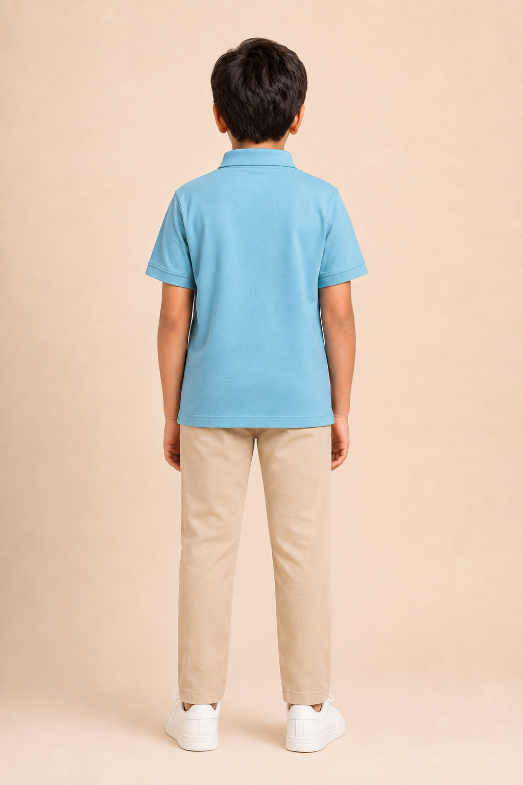Boys steel blue printed cotton polo T-shirt – back view