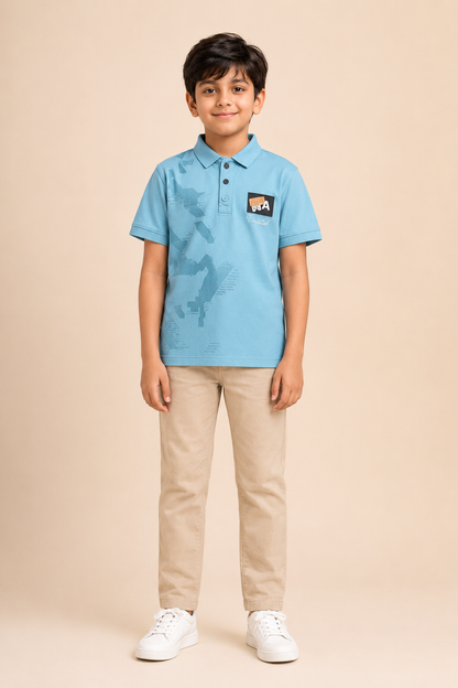 Boys steel blue printed cotton polo T-shirt – front view