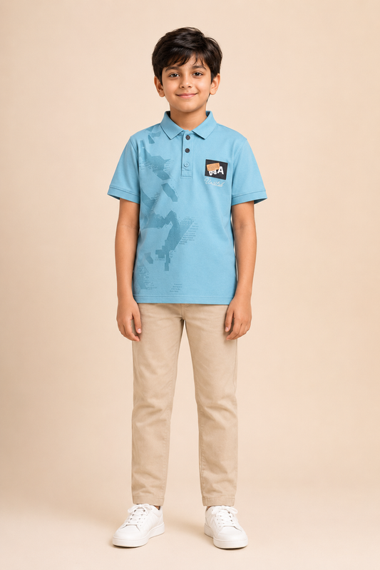 Boys steel blue printed cotton polo T-shirt – front view