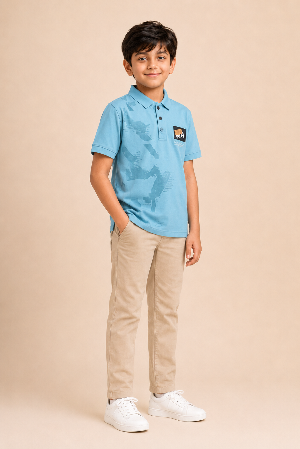 Boys steel blue printed cotton polo T-shirt – side view